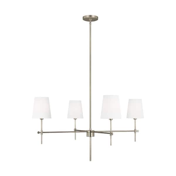Generation Lighting Baker 4-Light Antique Brushed Nickel Hanging Chandelier With White Linen Fabric Shades