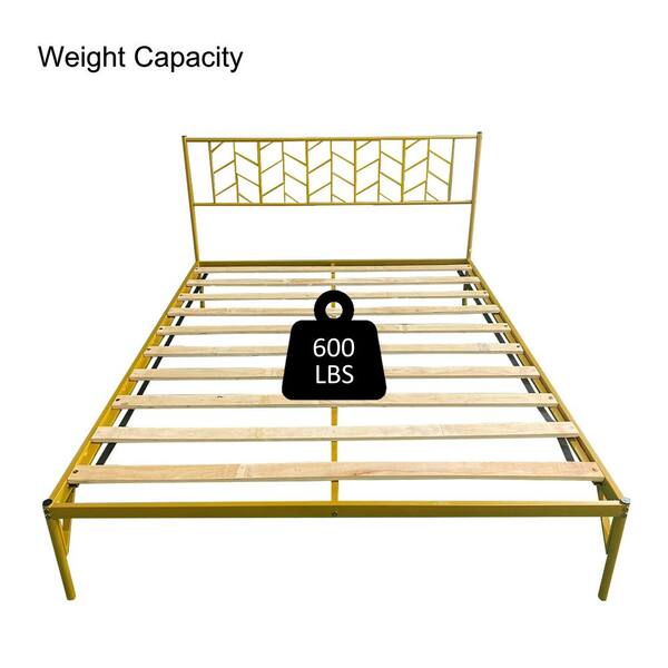 Gold Queen Metal Platform Bed Frame, Full Size Metal Platform Bed Frame With Wooden Headboard Vintage Style