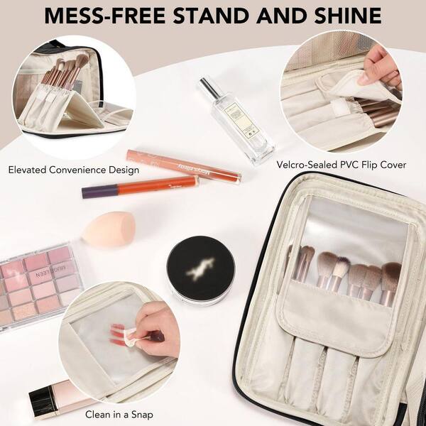 free travel makeup bag HauteHues Women's Large Capacity Cosmetic Portable Organizer Large Opening Waterproof Storage Toiletry Bags Vertical Free-Standing Brush Holder for Easy Access Pink : Beauty & Personal Care Our biggest beauty bag yet is here Faces Free travel makeup bag