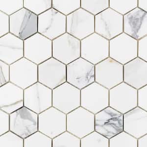 Hexagon Calacatta 11.75 in. x 12.37 in. x 10 mm Marble Mosaic