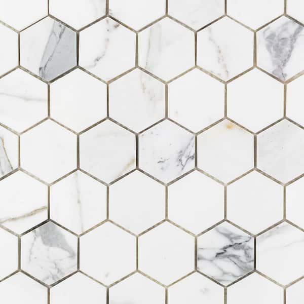 Ivy Hill Tile Hexagon Calacatta 11.75 in. x 12.37 in. x 10 mm Marble Mosaic