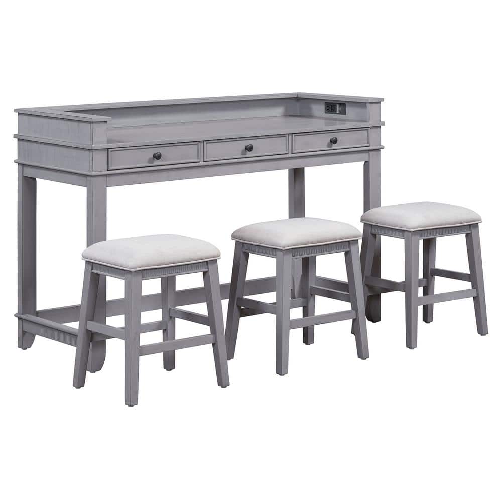 4-Pieces Rubber Wood Outdoor Dining Set, Bar Table Set with 3-Upholstered S