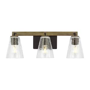 Westbrook 3-Light Weathered Oak Rustic Farmhouse Bathroom Vanity Light with Matte Black Accents