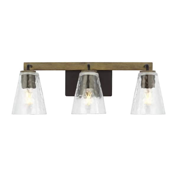 Home Decorators Collection Westbrook 3-Light Weathered Oak Rustic Farmhouse Bathroom Vanity Light with Matte Black Accents
