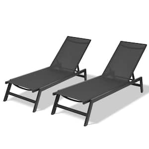 Black 2-Pieces Set Aluminum Outdoor Chaise Lounge Chairs, 5-Position Adjustable Recliner for Patio, Beach, Yard, Pool