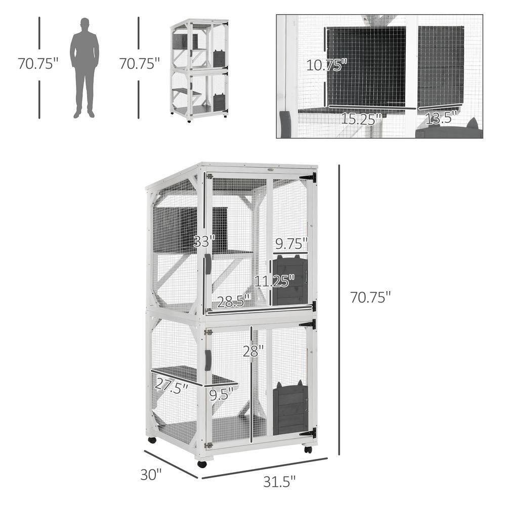 Large White and Gray Wooden Outdoor Cat House with Wheels