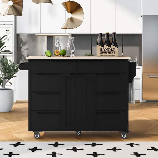 Xspracer Oasis Black Wood 53.15 in. Kitchen Island with Rubber Wood Countertop, 8 Handle-Free Drawers