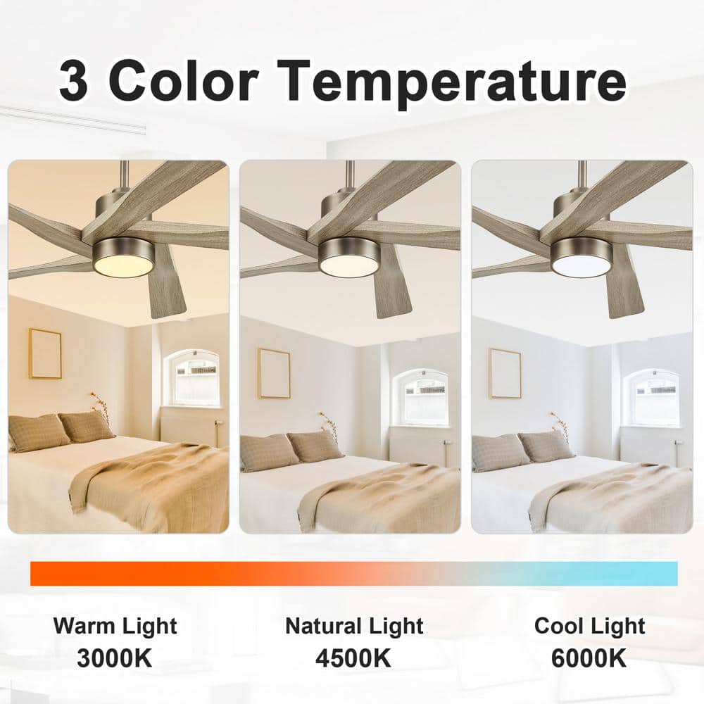 54" Brushed Nickel and Wood Grain Ceiling Fan with LED Light and Remote