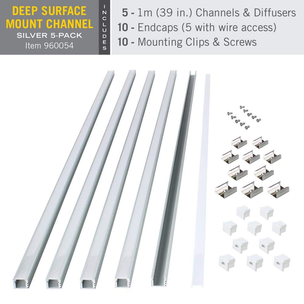 Silver Deep Surface Mount LED Tape Light Channel 5-Pack