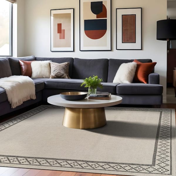 Haven 5 ft. x 7 ft. Bone Border Diamond Washable Easy Jute Modern Indoor Outdoor Area Rug