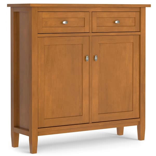 Simpli Home Warm Shaker Solid Wood 36 in. Wide Transitional Entryway Storage Cabinet in Light Golden Brown