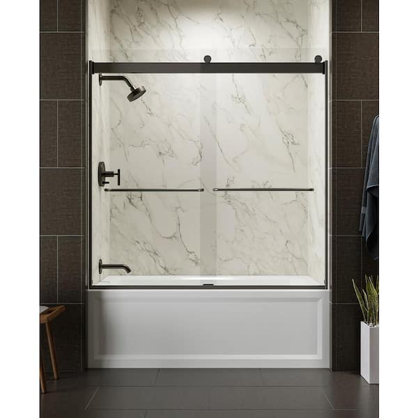 KOHLER Levity 56-60 in. W x 60 in. H Frameless Sliding Tub Door with Towel Bars in Anodized Dark Bronze