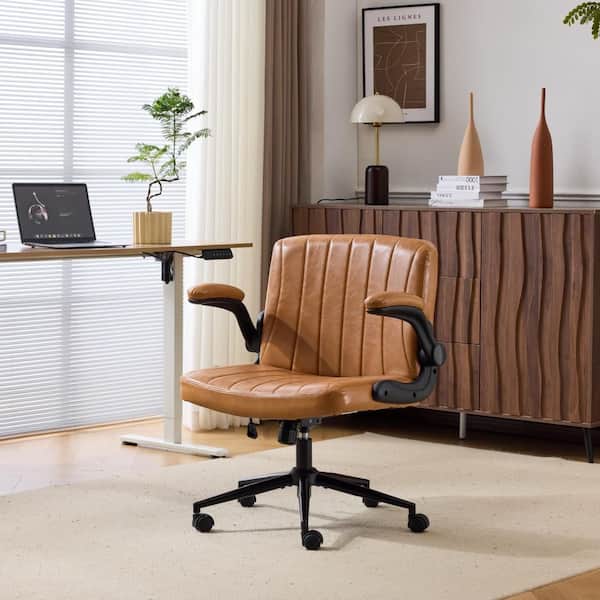 Faux Leather Fabric Adjustable Height Swivel Task Chair in Earth Brown with Adjustable Arms