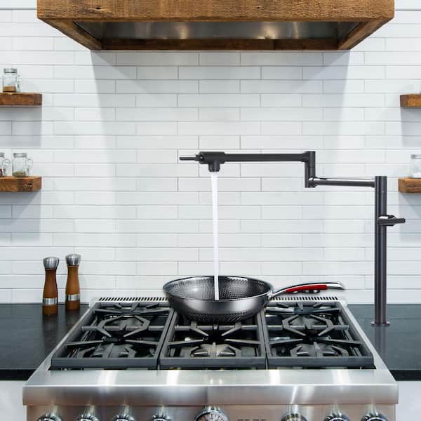 Deck Mounted Brass Pot Filler Kitchen Faucet with Double Handle and Joint Swing Arm in Matte Black