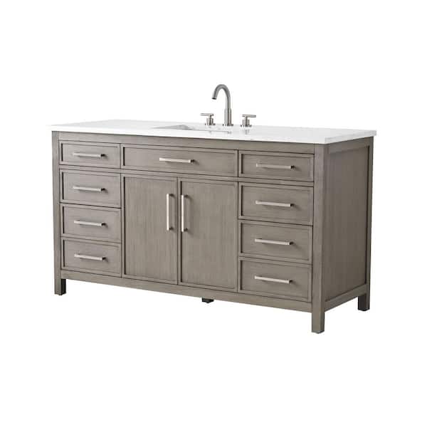 Logan 60 in. W Bath Vanity in Heritage Gray with Engineered Stone Top in Carrara White with White Sink