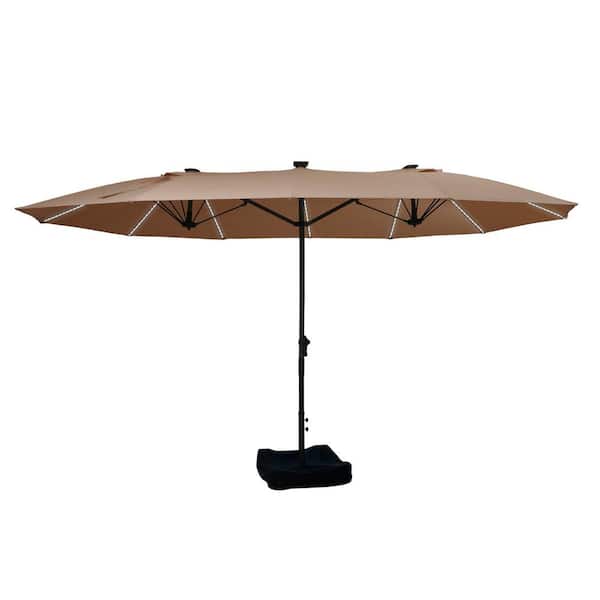 Clihome 15 ft. Outdoor Rectangular Innovative Crank Market Patio Umbrella in Brown with 22 in. Base, Fiberglass Ribs, LED Lights
