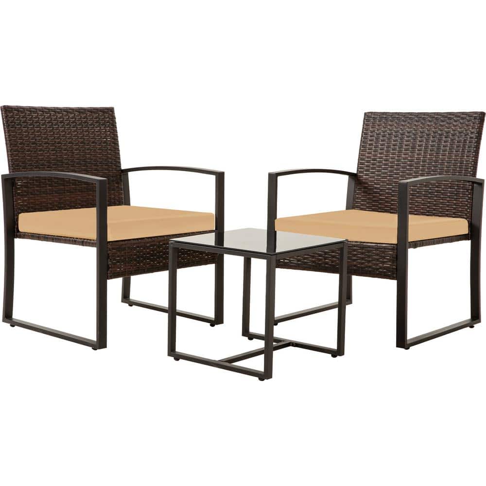 3 Piece Wicker Outdoor Bistro Set Patio Furniture Set with Khaki Washable C