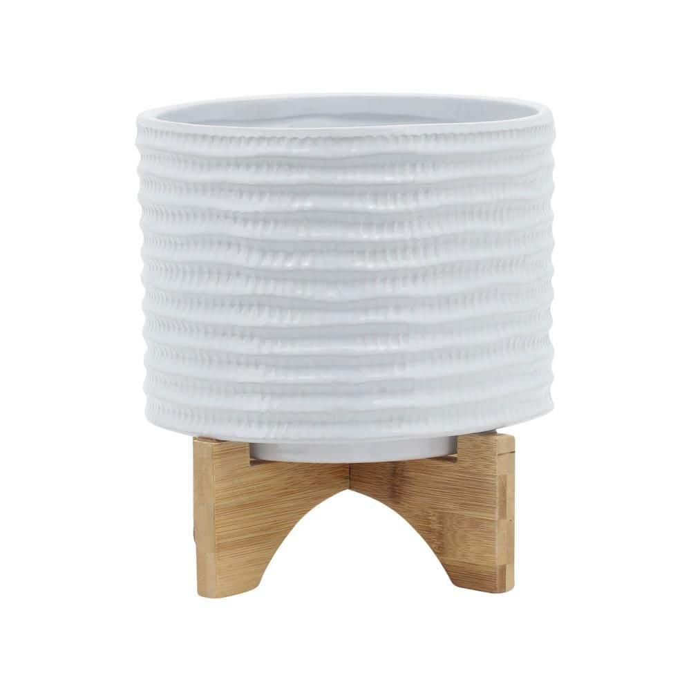 White Ceramic Textured Planter (8 in. W x 10 in. H) with Wood Stand price history on PriceWatchPro