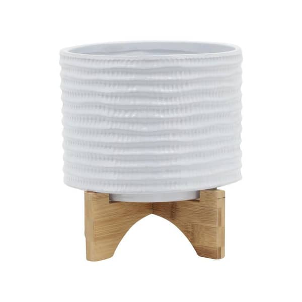 White Ceramic Textured Planter (8 in. W x 10 in. H) with Wood Stand