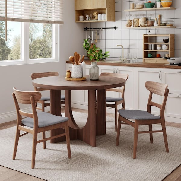 Idalia Modern 5-Piece Round Wood Top Dining Table Set with 4 Chairs, Dark Grey Plus Walnut, Seats 4