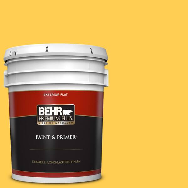 BEHR PREMIUM PLUS 5 gal. #330B-6 Lemon Sorbet Flat Exterior Paint & Primer