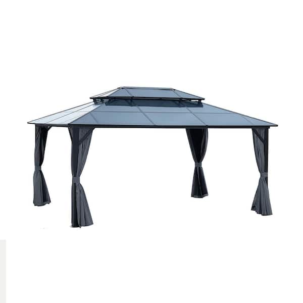 12 ft. x 16 ft. Outdoor Patio Gazebo with Double Roof Canopy, Net & Curtains in Gray