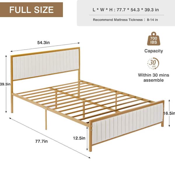 Bed Frame, Gold Full Metal Frame, Heavy Duty Metal Foundation, Platform Bed with Upholstered Headboard