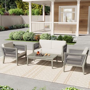 4-Piece Gray Acacia Wood Patio Conversation Set with Coffee Table and Beige Cushion for Outdoor Garden