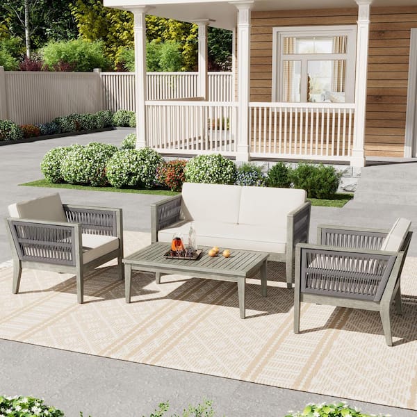 ITOPFOX 4-Piece Gray Acacia Wood Patio Conversation Set with Coffee Table and Beige Cushion for Outdoor Garden