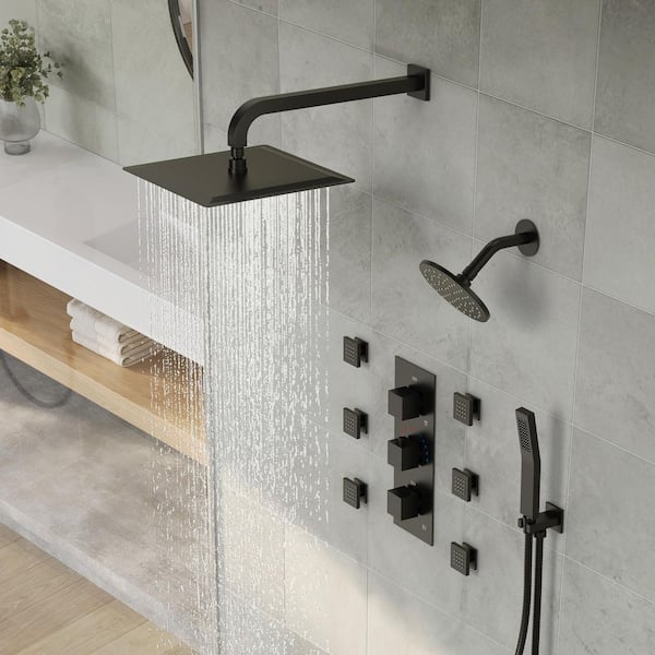 8-Spray Patterns 12 and 6 in. 2.5 GPM Square Wall Mount Dual Shower Handheld Shower Head in Matte Black