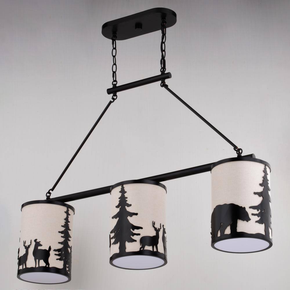 Acadia Bronze 3-Light Rustic Linear Chandelier with Linen Shades