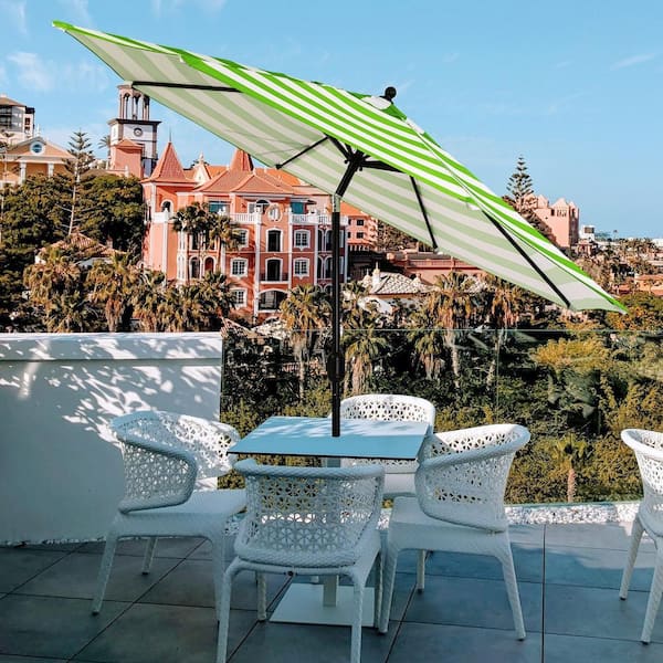 aluminum pole patio umbrella 9 ft. Aluminum Pole Market Push Button Tilt Patio Umbrella in Grass Green  and White Stripes Z0BLC992L4