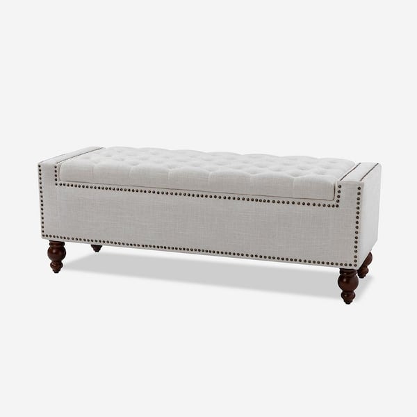 JAYDEN CREATION Eduard Ivory Classic Style Upholstered Flip Top Storage 51 in. Bench with Solid Wood Spindle Legs