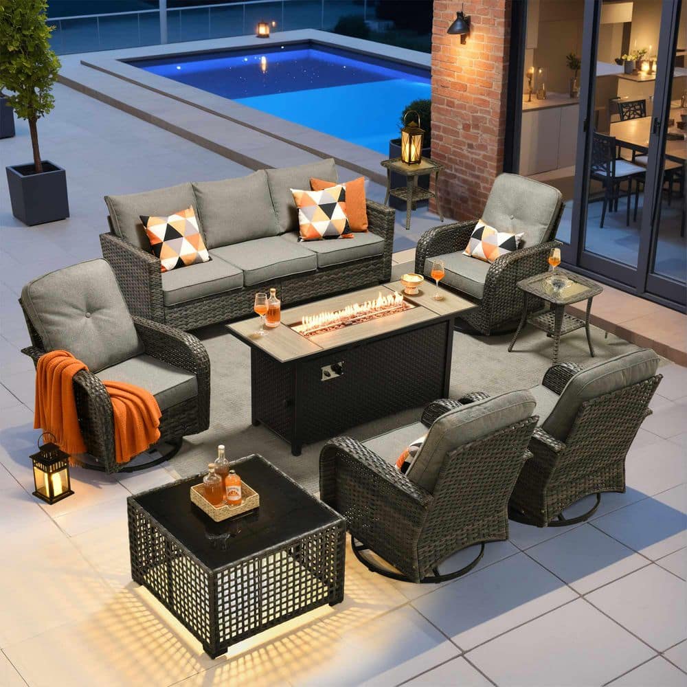 Onyx 9 Pieces Wicker Outdoor Patio Rectangular Fire Pit Set and Swivel Rocking Chairs with Dark Gray Cushions price history on PriceWatchPro