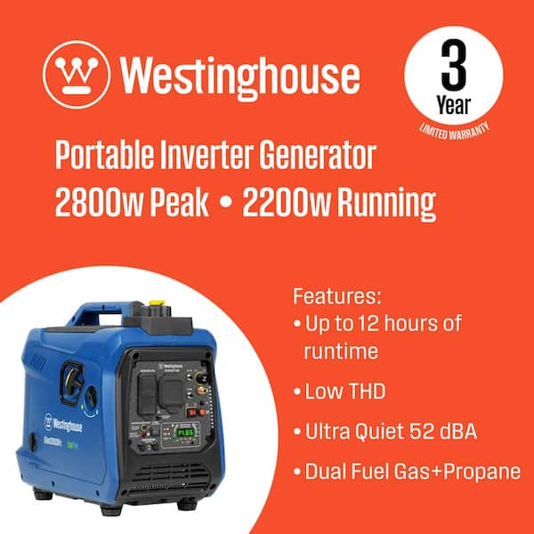 2,800-Watt Gas and Propane Dual Fuel Portable Inverter Generator with Recoil Start, Quiet Technology, CO Sensor