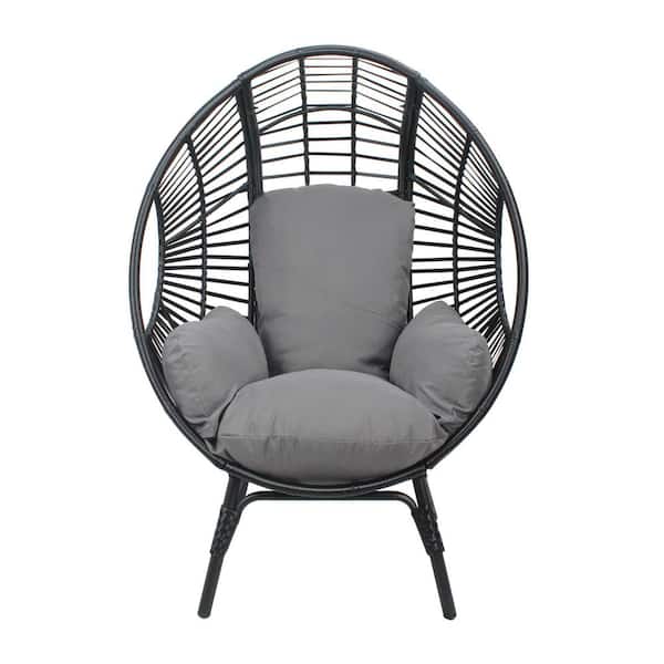 Black Wicker Rattan Egg Outdoor Lounge Chair with Gray Cushions