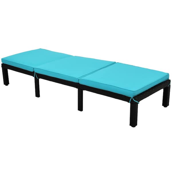 Afoxsos Black PE Rattan Wicker Sunbed Outdoor Adjustable Chaise Lounge Chair Sunbed with Blue Cushions