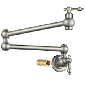 Wall Mounted Pot Filler with 2-Handles Double Joint Swing Arm in Brushed Nickel