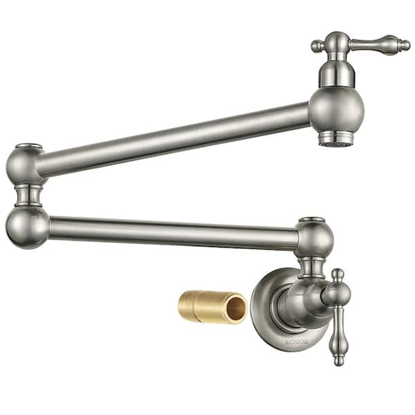 WOWOW Wall Mounted Pot Filler with 2-Handles Double Joint Swing Arm in Brushed Nickel