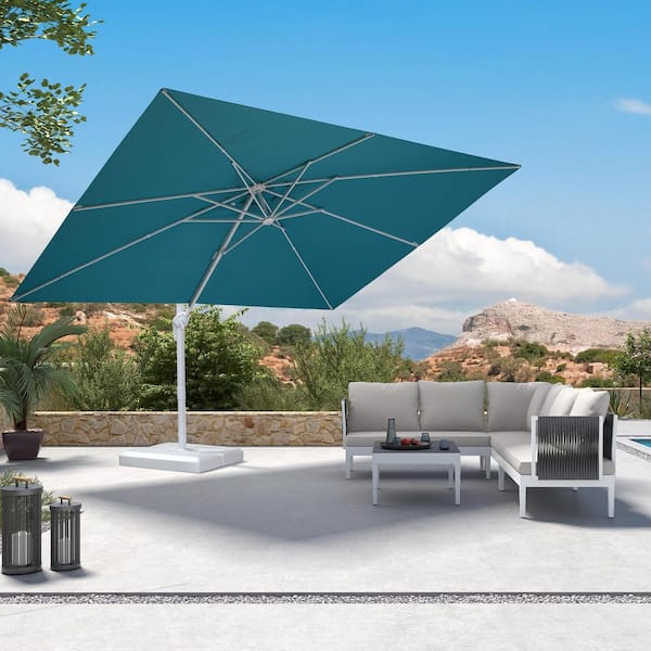 PURPLE LEAF 9 ft. x 11 ft. Outdoor Patio Cantilever Umbrella White Aluminum Offset 360° Rotation Umbrella in Turquoise