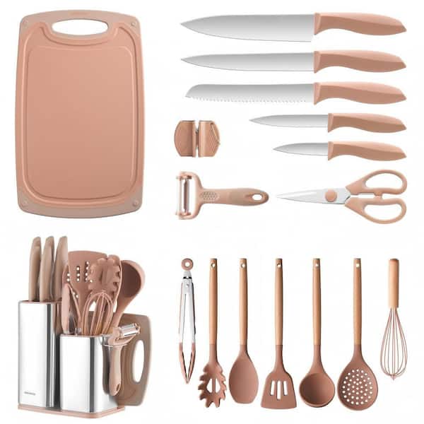 18 Piece Silicone Nonstick Cookware Set in Brown, Heat-Resistant Kitchen Utensils with Holder, Dishwasher Safe