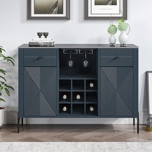 Scandinavian 42 in. Cyan Blue Wine Cabinet with Textured Patterns and Marbling Pattern Countertop