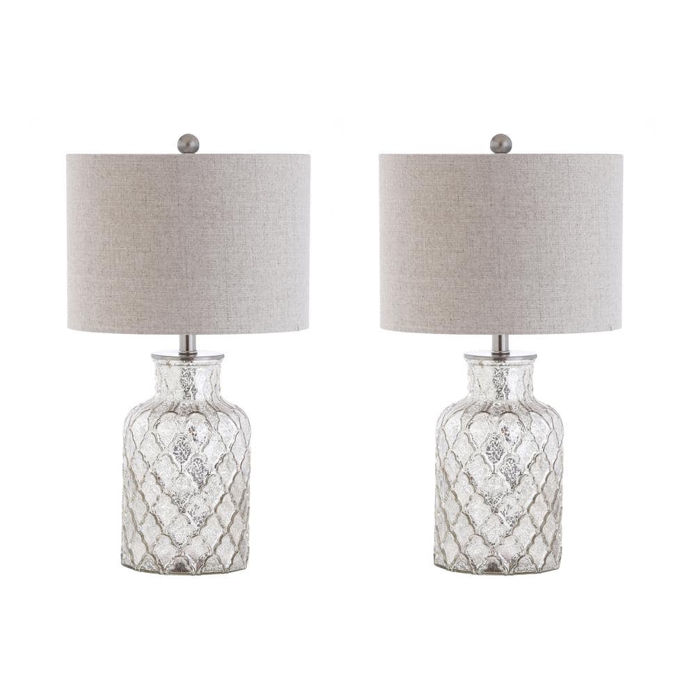 Antiqued Mercury Silver Quatrefoil Glass Table Lamp Set