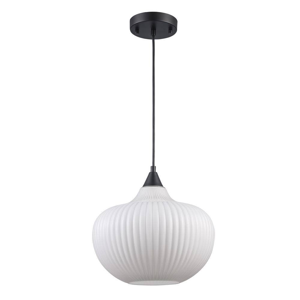 Black Ribbed Glass Globe Pendant Light