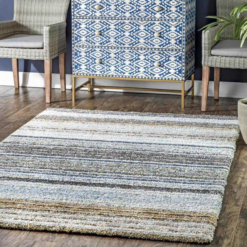 Beige Striped Handmade Shag Area Rug 9' x 12'