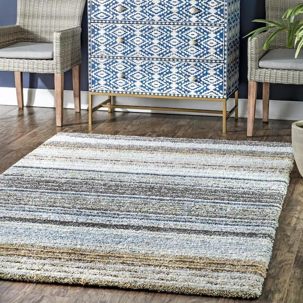 Classie Striped Shag Teal 9 ft. x 12 ft. Area Rug