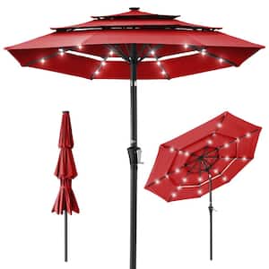 10 ft. Steel Market Solar Tilt Patio Umbrella with 24 LED Lights, Tilt Adjustment, Easy Crank in Red