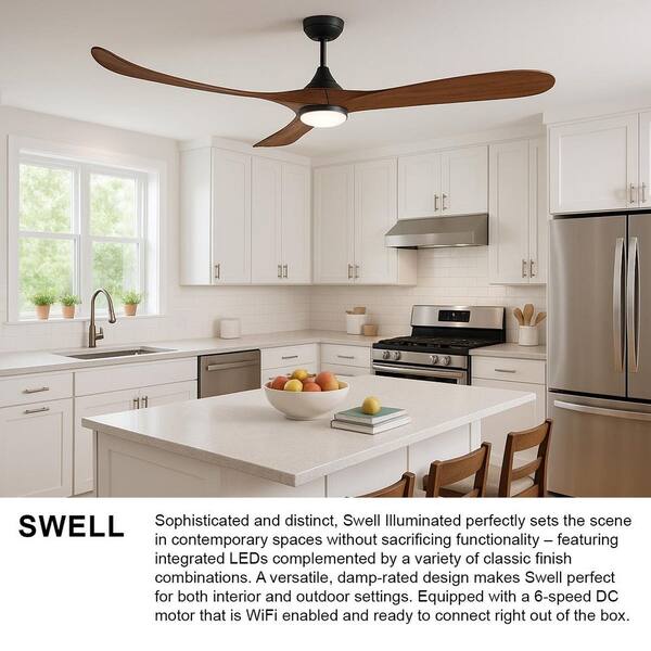 HINKLEY - Swell Illuminated 72.0 in. Matte Black Down Rod Mount Indoor/Outdoor Integrated LED Ceiling Fan with Remote Control