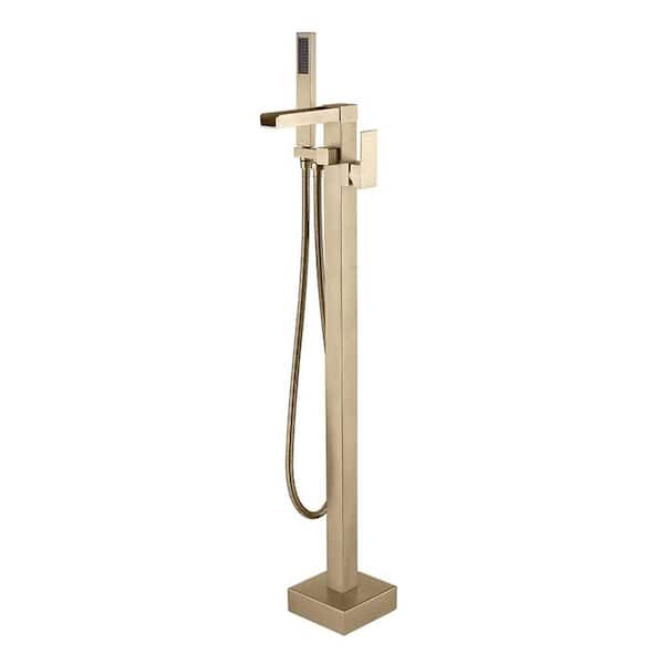 Aurora Decor ACA Single-Handle Freestanding Tub Faucet Floor Mount Waterfall Tub Filler with Handheld Shower in Brushed gold