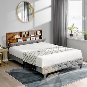Rustic Brown and Grey Bed Frame Metal Upholstered Full Platform Bed Mattress Foundation with Storage Headboard